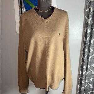 Polo Ralph Lauren Vintage 100% Lambswool V Neck Knit Sweater SZ L Tan